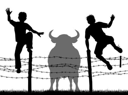 Editable vector silhouettes of two boys jumping over a barbed wire fence to escape a bull with all figures as separate objectsのイラスト素材
