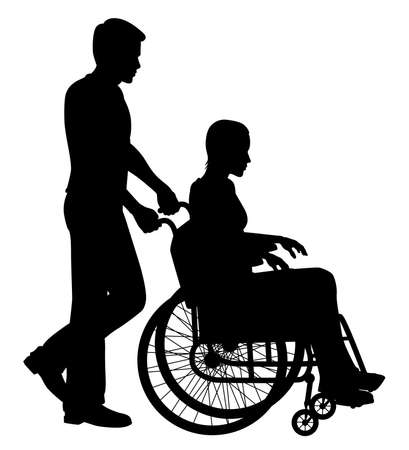 Editable vector silhouette of a man pushing a woman in a wheelchair with figures and chair as separate objectsのイラスト素材
