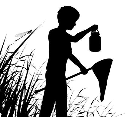 Editable vector silhouette of a boy pond dipping or catching insects in a wetland habitat with figure as separate objectのイラスト素材