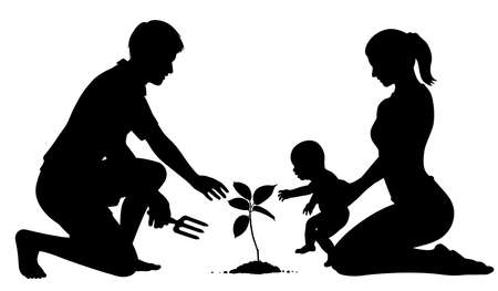 Editable vector silhouette of parents with a baby planting a tree for the future with figures as separate objectsのイラスト素材