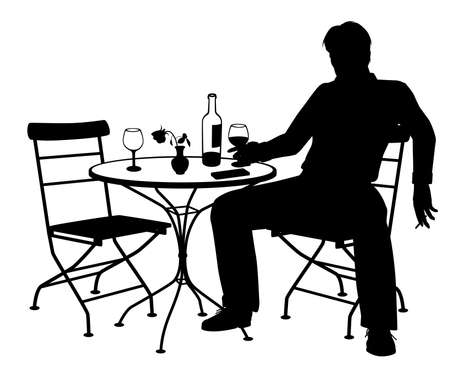 Editable vector silhouette of a man drinking wine by himself at a table for two with all elements as separate objectsのイラスト素材