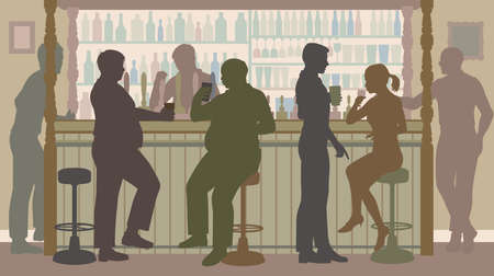 Editable vector illustration of various sociable people around a busy barのイラスト素材