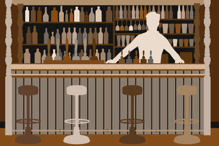 Editable vector illustration of a barman at his well stocked barのイラスト素材