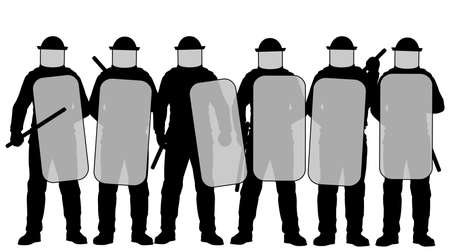 Editable vector illustration of a group riot police with protective gear and shieldsのイラスト素材