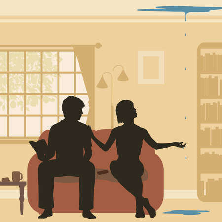 Editable vector cutout illustration of a couple at home discovering a leak through their ceilingのイラスト素材