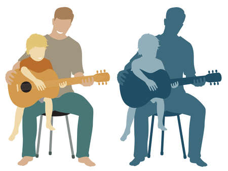 Editable vector illustration of a father teaching his young son to play his guitarのイラスト素材