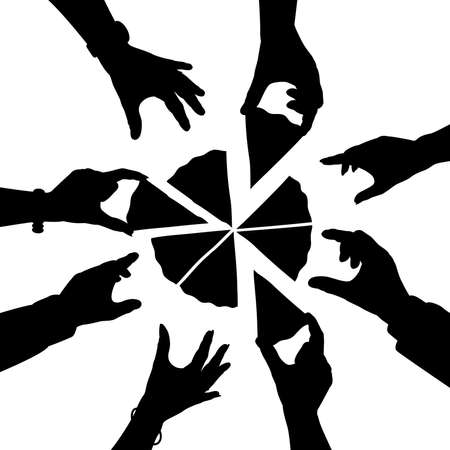 Editable vector silhouette of eight hands taking eight slices of pieのイラスト素材