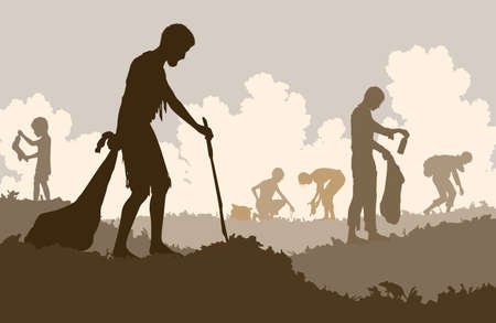 Editable vector illustration of poor people scavenging recyclable trash from a rubbish tip with figures as separate objectsのイラスト素材