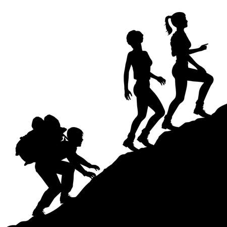 Editable vector silhouette of a young man carrying a heavy bag up a mountain for two attractive young women with figures as separate objects.のイラスト素材