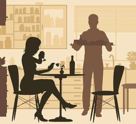 Editable vector illustration of a woman being served food by a man at home.のイラスト素材