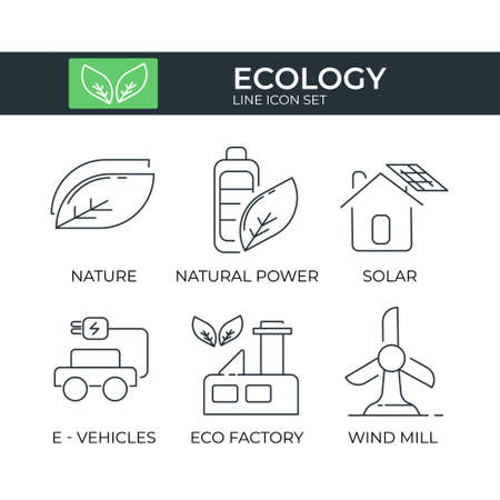 Ecology and Bio Icon Set of Leaf, Green Energy, Solar Panel, Electric Vehicle, Green Factory, Wind Millのイラスト素材
