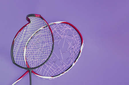Badminton rackets which has frame broken, concept for badminton sport lovers and care.の写真素材