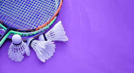 Isolated badminton racket and badminton shuttlecocks, concept for badminton sport lovers around the world.の写真素材