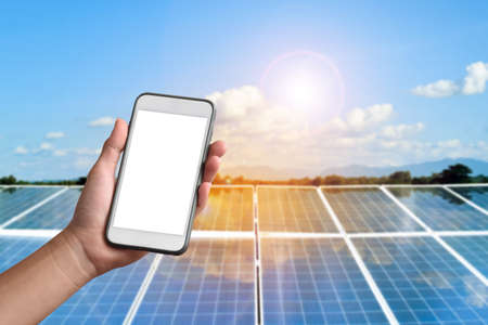 Solar cells panels with landscape, skyscape, sustainable energy from the sunlight and the nature concept.の写真素材