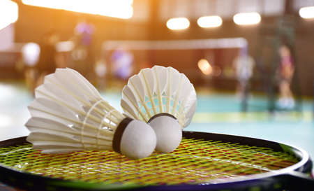 Cream white badminton shuttlecock and racket with neon light shading on green floor in indoor badminton court, blurred badminton background, copy space.の写真素材