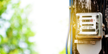 Electric watthour meter on cement pole beside the rural road in Asian country, blurred street background, soft and selective focus.の写真素材