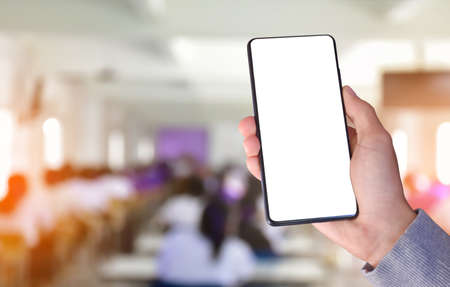 Blank touch screen smartphone holding in hand, Mock up, copyspace, template and technology concept.