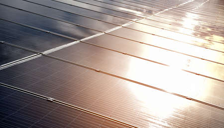 Closeup view of photovoltaic panel, new technology for store and use the power from the nature with human life, sustainable energy and environmental friend concept.の写真素材