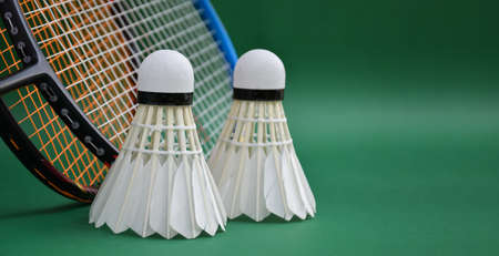 Cream White Badminton Shuttlecocks And Rackets On Green Floor In Indoor Badminton Court Copy Space の素材 Fy ストックフォトのamanaimages Plus