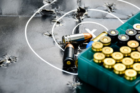 9mm bullets on man-target shooting paper and in the plastic box, shooting sport and protection...