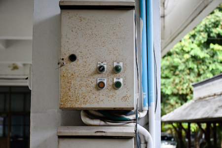 Metal box for controlling the turning on and turning off the water pump electrical system used in the building hanging on the wall, there is rust on the front surface of the lid ofの写真素材