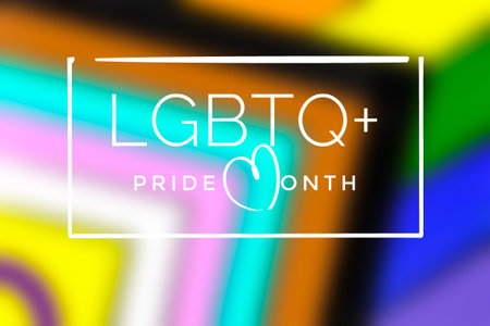 'HAPPY PRiDE MONTH 2023' on bluesky and rainbow flags background, concept for lgbtq+ celebrations in pride month, june, 2023.の写真素材