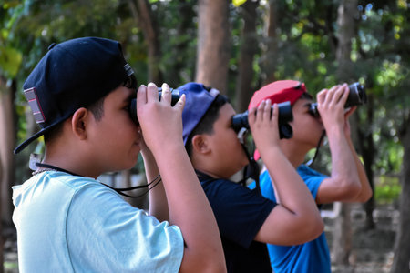 Portrait Asian boys using binoculars to watch birds in tropical forest with his friends, idea for learning creatures and wildlife animals outside the classroom, soft focus.の写真素材