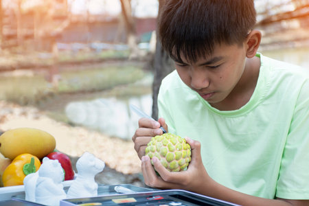 Asian boy in green t-shirt sits on bench beside the pond and coloring green sugar apple , medelling clay, during his weekend, recreational activity and relaxing at home concept.の写真素材