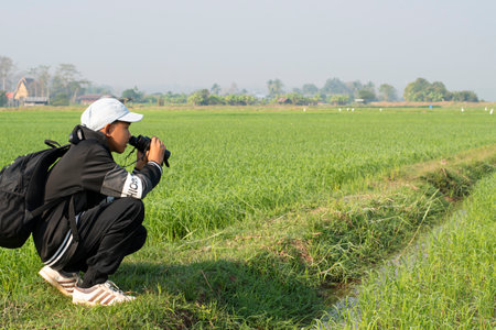 Asian man with backpack and binoculars in rice field at sunny dayの写真素材