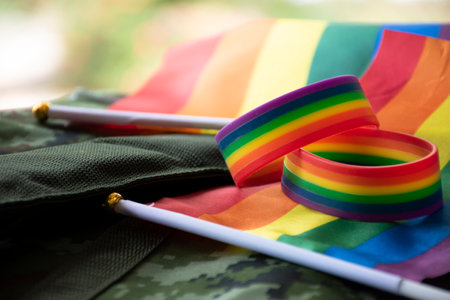 Rainbow flag and a cigarette on the background of the military uniformの写真素材