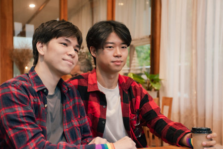 Two asian young men sitting in a cafe and drinking coffee.の写真素材