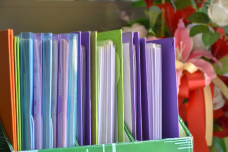 Back view of various plastic file folders for storing important documents in a file box for neatness and easy finding places near glass window, blurred edited background.の写真素材