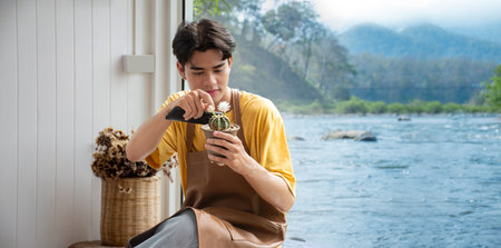 young asian man sitting on chair and using smart phone to surf information about cactus at home.の写真素材
