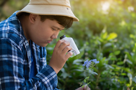 Asian cute schoolboy holds mini portable microscope and looking at the small details of the potted...