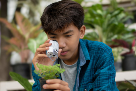 Asian cute schoolboy holds mini portable microscope and looking at the small details of the potted plant in his hand to study and find answer through the lensの写真素材