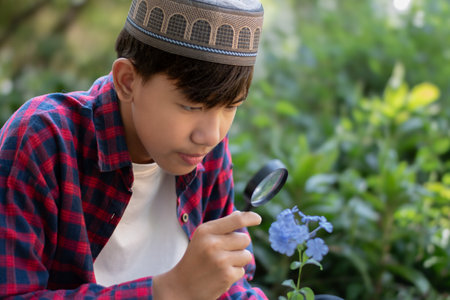 Little Asian boy looking through magnifying glass at blue flower in gardenの写真素材