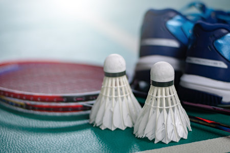 Shuttlecock and badminton rackets on green court.の写真素材