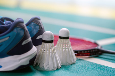 Badminton racket, shuttlecock and sneakers on badminton courtの写真素材