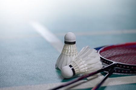 Shuttlecock and badminton racket on badminton courtの写真素材