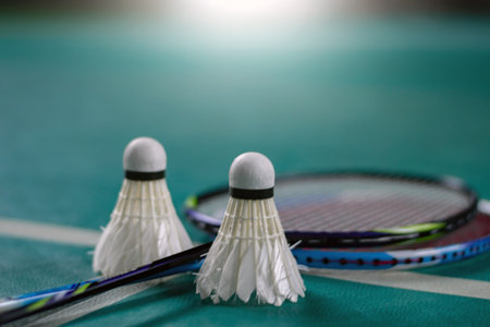Badminton racket and shuttlecock on badminton court.の写真素材