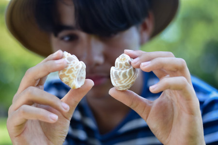 A young boy carefully cleans a seashell with a brush while lying on the grass, showcasing curiosity, nature appreciation, and a hands-on learning experience.の写真素材