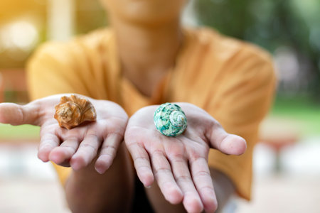 Close up of man hand holding a shell in the garden background.