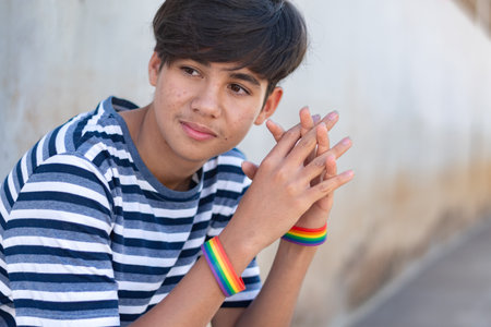 Portrait of a teenage boy with lgbt rainbow flag on his hand