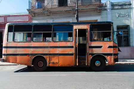 IENFUEGOS, CUBA - 19 August 2015: Cuban public bus  parked in a street .の写真素材