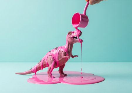 A pink Tyrannosaurus Rex toy is being poured over with pink liquid from a pink bucket against a teal background.の素材