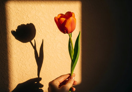 A vibrant red-orange tulip is held by a person's hand, casting a clear shadow on a textured wall, bathed in warm sunlight.の素材