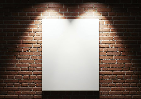 A blank white canvas is illuminated by spotlights against a rustic, textured brick wall, offering a clean space for creative content and design.の素材