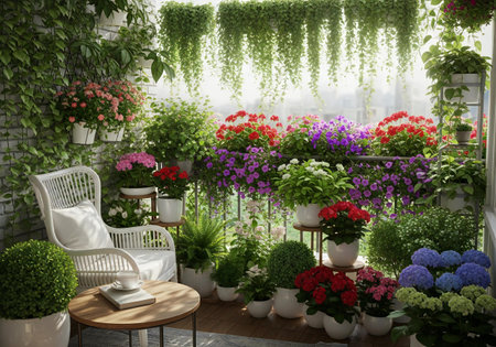 A cozy balcony oasis overflowing with vibrant flowers, lush plants, and a charming white chair, creating a tranquil outdoor retreat.の素材