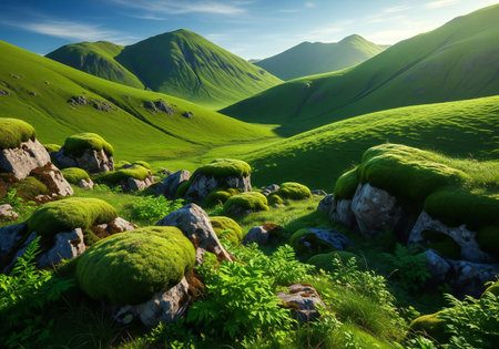 Vibrant green hills and moss-covered rocks under a bright, sunlit sky create a serene and picturesque natural landscape.の素材