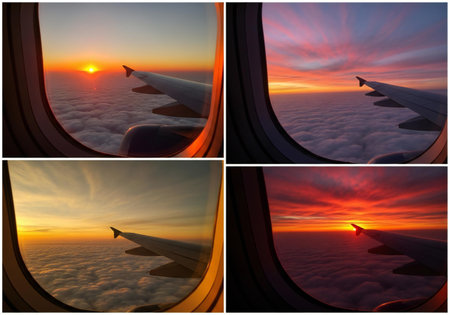 Four distinct views from an airplane window capture the vibrant colors of a sunset painting the sky above a sea of clouds.の素材